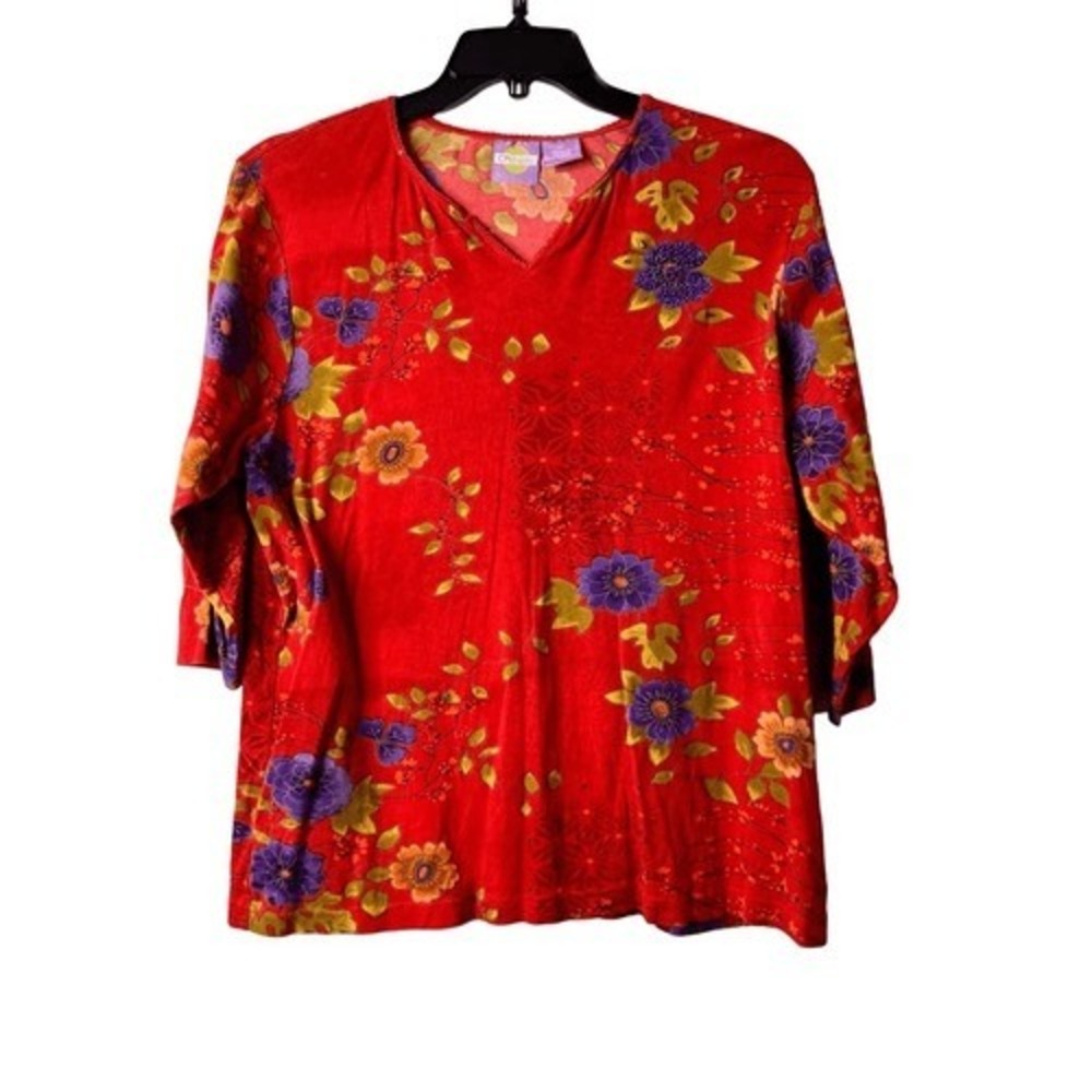 CM Shapes‎ Red Floral Beaded Jersey Knit Top Blouse 0X Plus Size Modern Eclectic